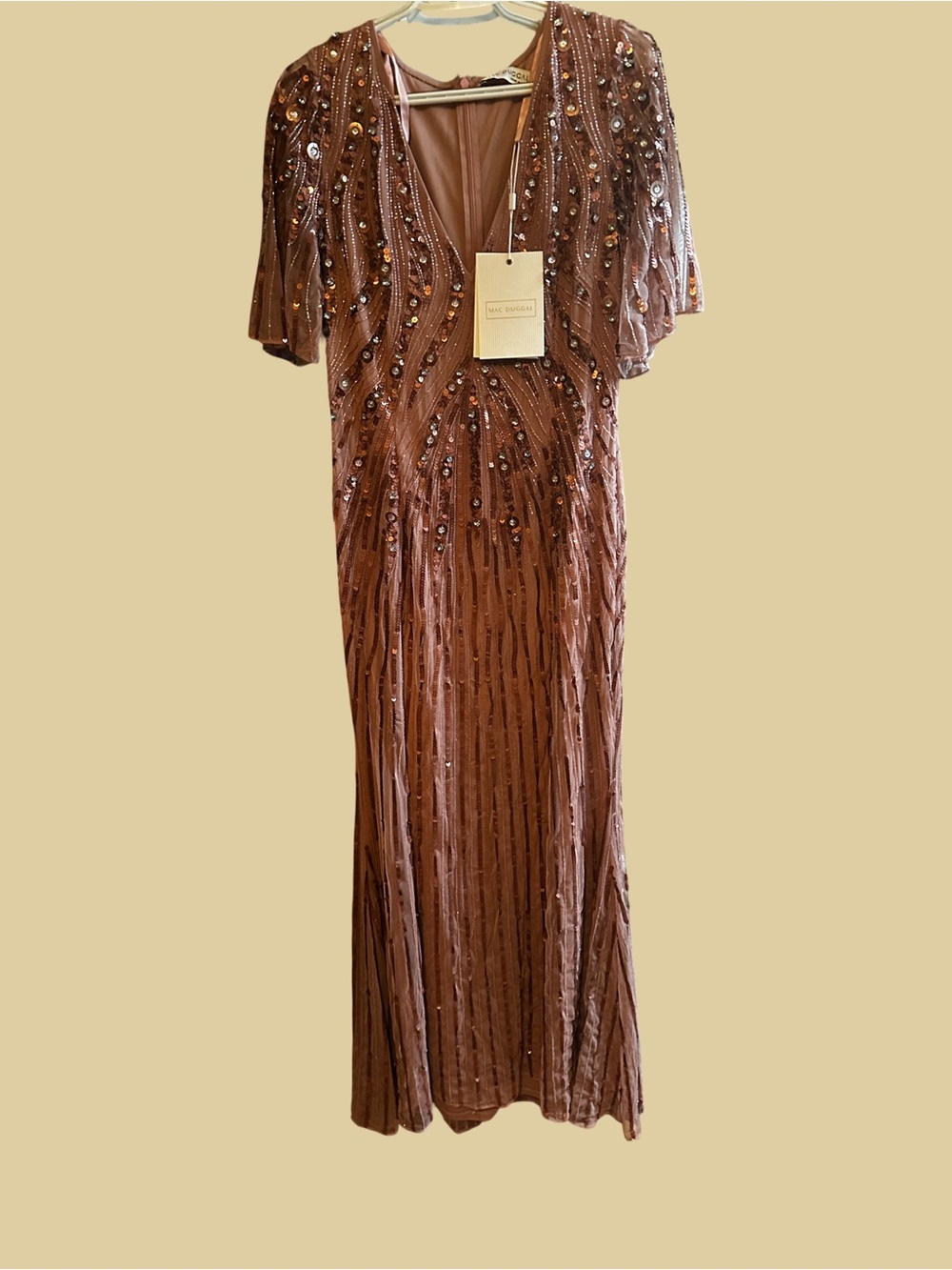 Mac Duggal Chocolate Sequin V-Neck Maxi Dress Rose Gold Size 12